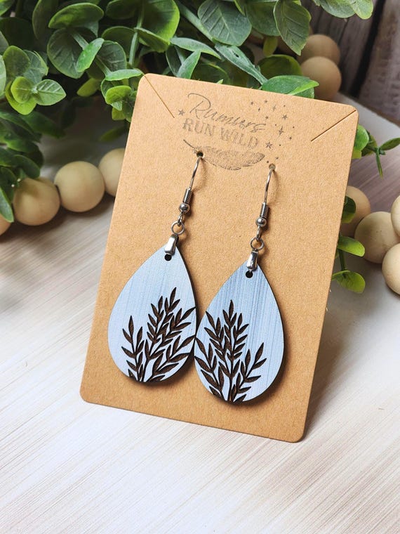 Gray Blue Dangle Earrings with Vines, Wooden Leaf Earring, Boho Wood Earring for Women, Plant Lover Earring Gift, Lightweight Nature Earring