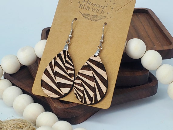 Geometric Spiral Engraved Wooden Teardrop Earrings, Earrings for Her, Artsy Earrings, Lightweight Dangle Earrings, Stocking Stuffer for Her