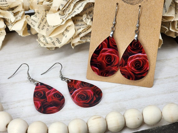 Valentine's Earrings, Valentine Gift For Her, Rose Earring, Red Dangle Earring, Valentine's Day jewelry, Lightweight Earring, Red Rose Gift