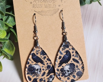 Raven Skull Earrings, Gothic Floral Dangles, Dark Academia Jewelry