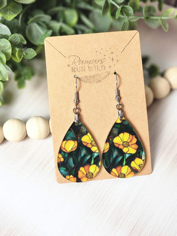 Floral Teardrop Earrings in a Faux Stained Glass Look: Lightweight Boho Acrylic Dangle Jewelry