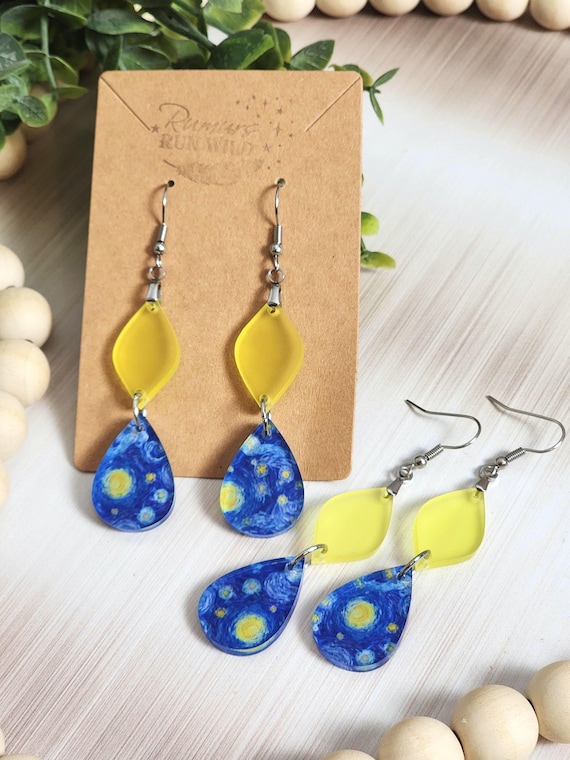 Starry Night Earrings, Yellow Blue Earrings, Double Drop Earrings, Artistic Dangle Earrings, Lightweight Statement Jewelry Gift