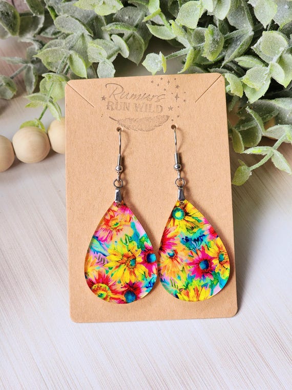 Bright Floral Teardrop Earring Gift for Her, Sunflower Spring Watercolor Flower Earring for Mom, Boho Colorful Statement Jewelry for Women