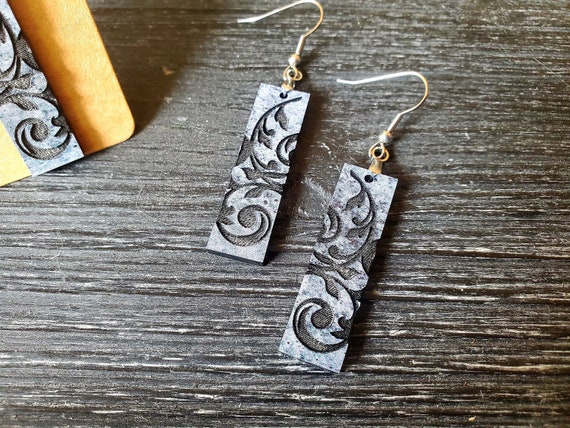 Pretty Cement Colored Industrial Earrings with a Gorgeous Swirl to Add a Flourish, Rustic Earrings, Fun, Cute, Long Bar, Dangle Earrings