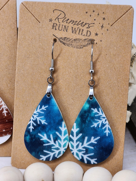 Blue Christmas Earrings, Snowflake Earring, Winter themed earring, Engraved earring, Lightweight Earring, Teardrop Earring, Stocking stuffer