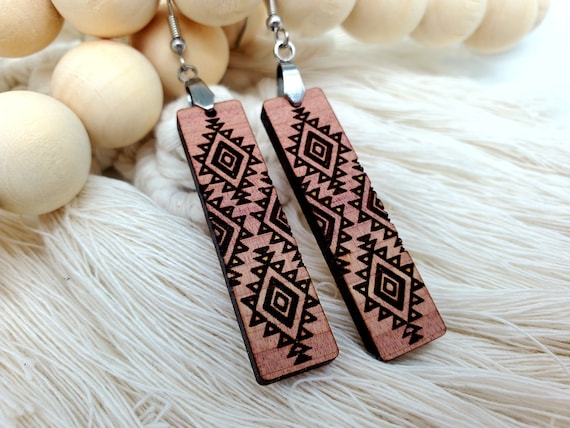 Earrings Boho Long Dangle Earring Gift for Wife Earring Engraved Wood for Women Earring Rustic Handmade Earring Unique Gift for Her handmade