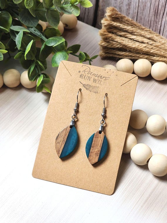 Blue Resin Wood Earrings, Handmade Lightweight Dangle Earrings, Nature Inspired Jewelry, Neutral Boho Style Gift for Her, Beach Earrings