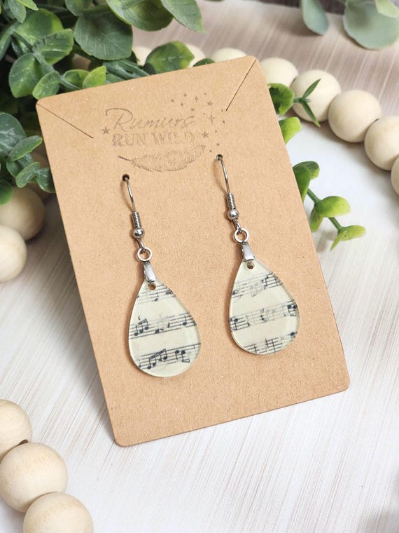Sheet Music Earrings Vintage Cream Teardrop, Music Teacher Gift, Neutral Earrings, Small Lightweight Acrylic Dangles