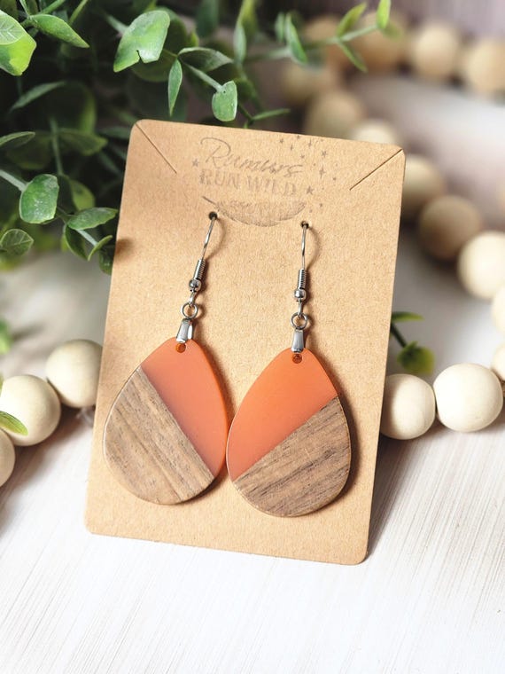 Coral Resin Wood Earrings: Lightweight Orange Boho Dangle Earrings
