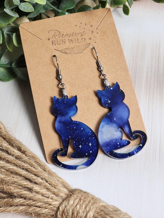 Blue Galaxy Cat Earrings, Cat Dangle Earrings, Celestial Cat Jewelry, Starry Night Cat Earrings, Cat Lover Gift, Moon Cat Gift