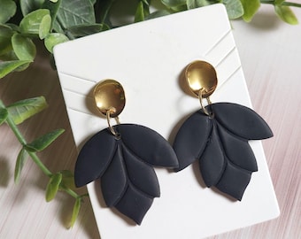 Black Clay Earrings, Gold Post Dangle Earrings, Lightweight Leaf Earrings, Boho Statement Jewelry, Clearance Earrings