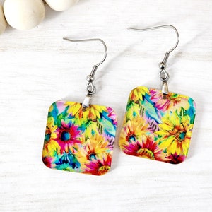 Yellow Flower Dangle Earrings for Mom, Birthday Gift for Girlfriend, Spring Earring Square, Lightweight Colorful Floral Sunflower Earring