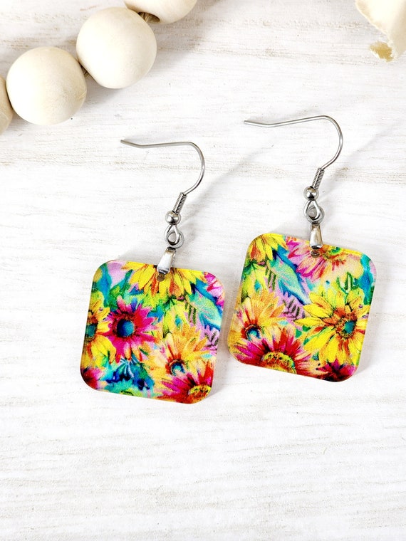Yellow Flower Dangle Earrings for Mom, Birthday Gift for Girlfriend, Spring Earring Square, Lightweight Colorful Floral Sunflower Earring