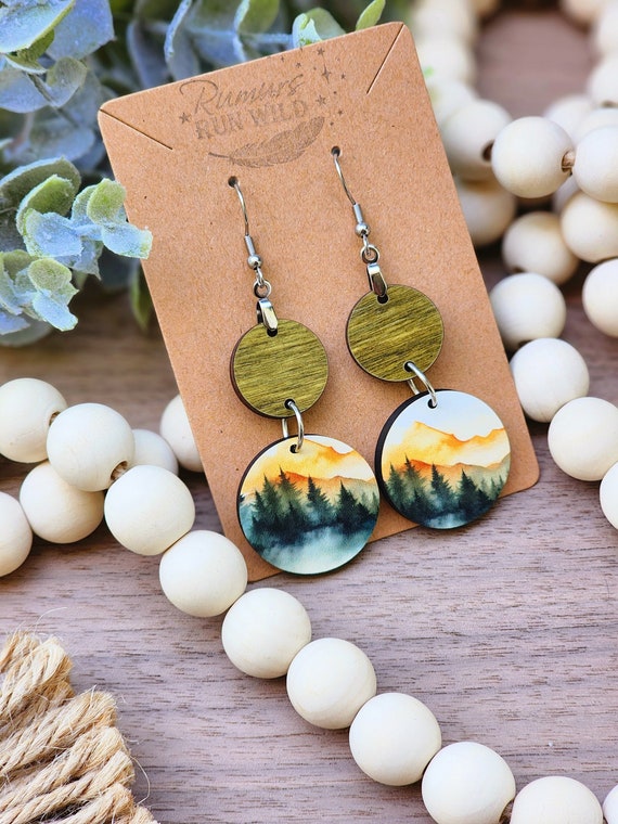 Mountain and Tree Earrings, Wood Boho Dangle Earrings, Outdoorsy Handmade Gift for Mom, Nature Lover Gift for Friend, Rustic Western Earring