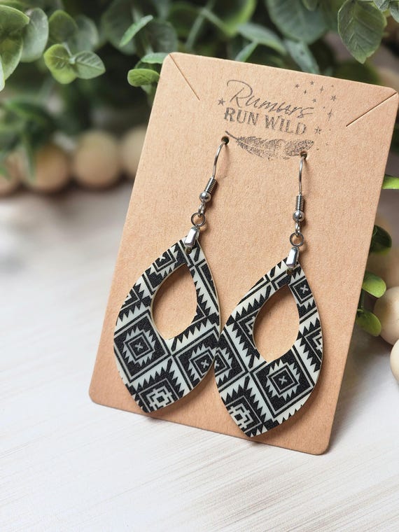 Bold Boho Earrings for Girlfriend, Black and White Teardrop Dangle Earrings, Lightweight Southwestern Earrings, Tribal Earrings for Her
