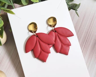 Red Clay Earrings, Gold Post Dangle Earrings, Lightweight Leaf Earrings, Boho Statement Jewelry, Clearance Earrings