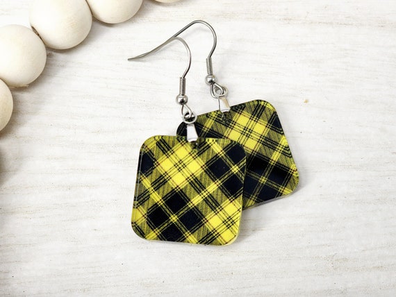 Yellow Plaid Colored Earrings, Fun Earrings, Colorful Earrings, Square Earrings, Dangle Earrings, Gift for her, Boho, Small Dangle Earrings