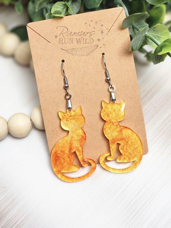 Orange Cat Earrings, Cat Lover Gift, Minimalist Cat Jewelry, Cute Kitty Dangles, Lightweight Acrylic Earrings, Pet Lover Gift