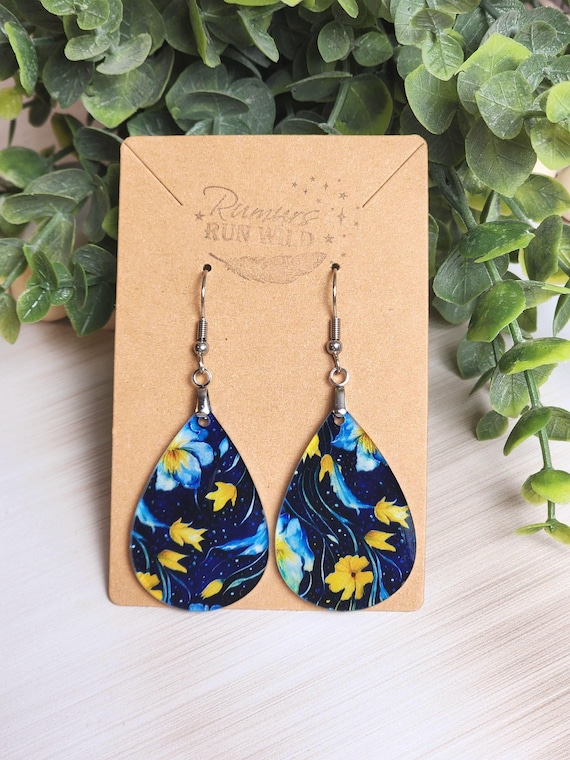 Dark Floral Earrings, Navy Blue Flower Earrings, Bold Teardrop Earrings, Statement Floral Jewelry, Lightweight Gift for Her