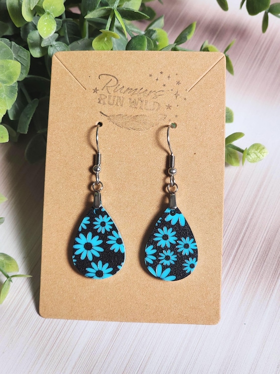 Blue Daisy Earrings, Black & Turquoise Floral Acrylic Dangle Earrings