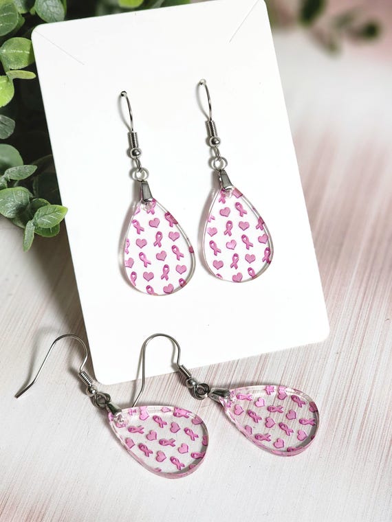 Pink Ribbon Earrings, Breast Cancer Awareness Earrings, Mini Acrylic Dangle Earrings, Pink Heart Earrings