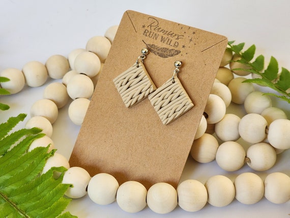 Sweater Earrings in Beige, Lightweight and Hypoallergenic Small Dangle Earrings, Woven Clay Squares, Birthday Gift for Mom, for Best Friend