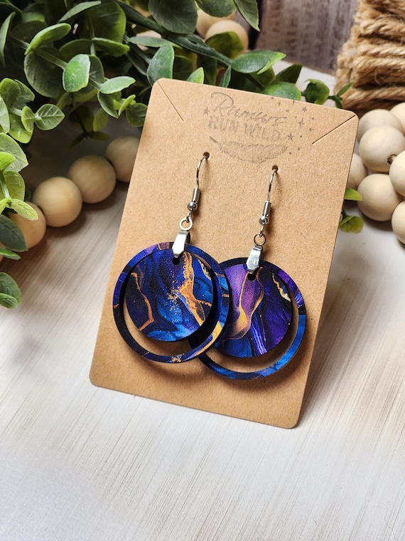 Boho Purple Blue Wooden Earrings, Galaxy Inspired Lightweight Circle Dangles, Abstract Jewelry Gift for Her, Artsy Earrings Gift For Mom