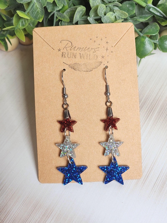 Patriotic Star Earrings, Red White Blue Glitter Earrings, Fourth of July Dangles, USA Earrings, Memorial Day Jewelry, Triple Star Earrings