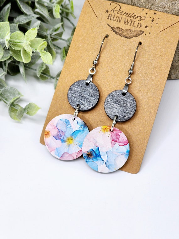 Flower Dangle Earrings in Watercolor Pink and Blue, Wood Boho, Colorful Earring for Mom, Nickel Free, Gift for Best Friend, Flower Lover