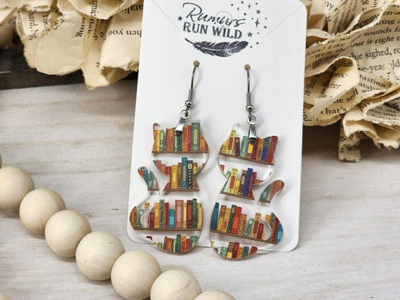 Cat Earrings and Necklace, Book Earring Set, Cat Earrings, Cat Lover Gift, Cat Mom Gift, Birthday Gift for Her, Book Lover Gift for Teacher