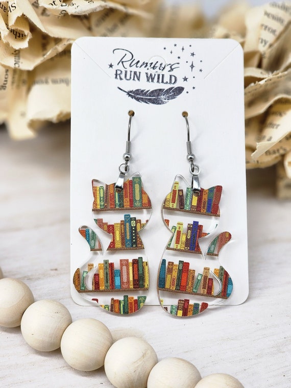 Book Themed Cat Earring Set for Women, Book Lover Gift for Her, Cat Lover Gift for Mom, Cute Teacher Gift, Lightweight and Hypoallergenic