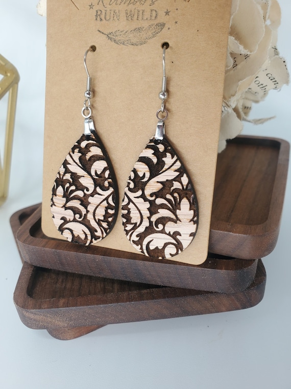 Gorgeous Handmade Wooden Dangle Earrings, Damask Engraved with Swirls for Unique Look, Teardrop, Nature Inspired, Lightweight, Natural Wood