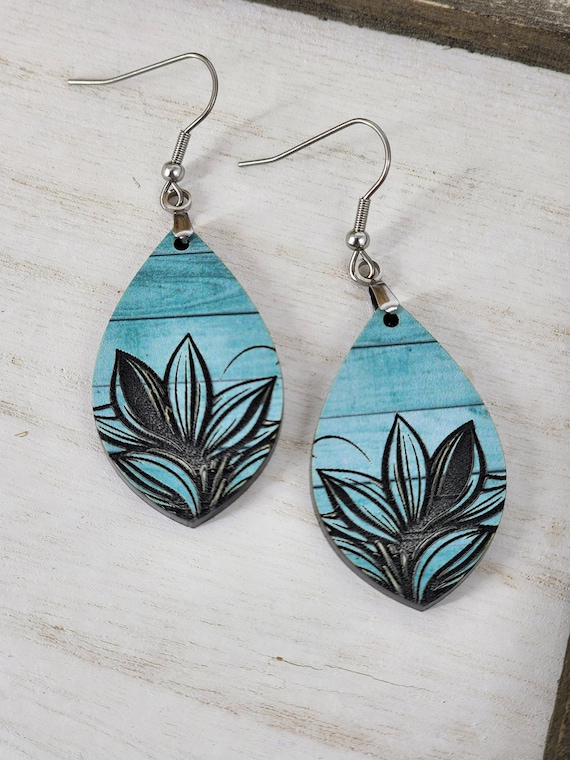 Flower Earrings, Engraved Boho Dangle Earrings, Lightweight Earrings, Nature Inspired, Distressed Wood Look, Gift for Her, Boho Earrings