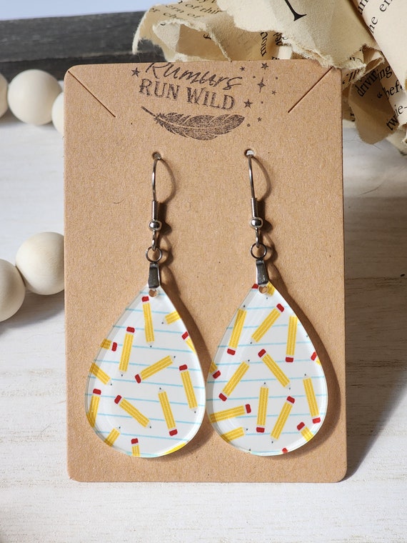 Teacher Earrings, Pencil Earrings, teacher gift, dangle earrings, gift for her, back to school, fun school earrings, teacher appreciation