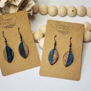 Attractive Ocean Blue Resin and Wood Boho Earrings, Lightweight, small dangle, simple, wood dangle, gift for her, everyday wear, cute, fun