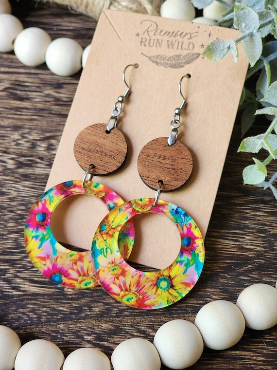 Retro Dangle Earrng Gift for Her, Large Statement Earrings for Best Friend, Handmade Sunflower Earrings