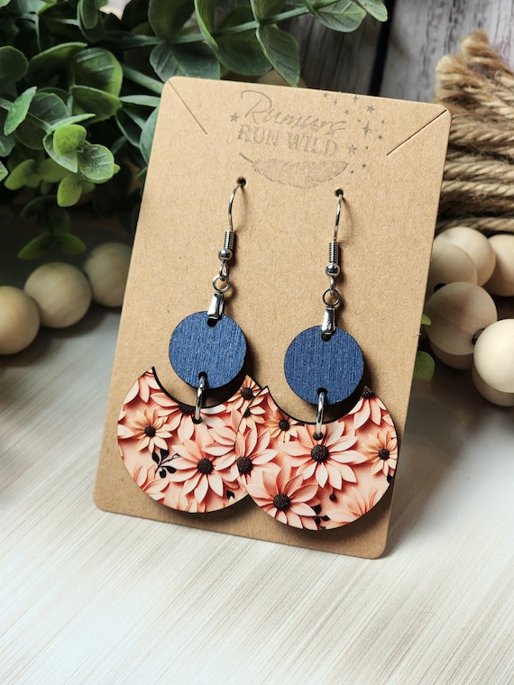 Boho Wood Flower Earrings, Navy & Pink Dangle Earrings, Lightweight Floral Earring Gift for Mom, Modern Farmhouse Jewelry Gift for Her