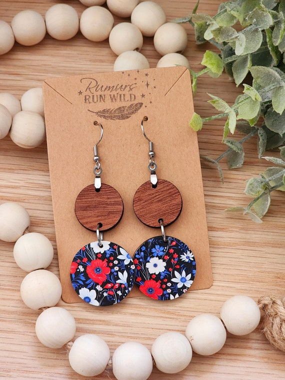 4th of July Earrings for Her, Red, White, and Blue Earrings, Flower Earrings for Women, Wood Dangle Earring Gift for Sister