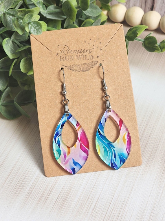 Colorful Leaf Earrings, Rainbow Acrylic Dangle Earrings, Lightweight Summer Boho Jewelry, Handmade Gift for Her