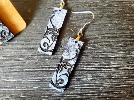 Unique Earrings in an Industrial Cement Print with a Pretty Flourish Engraved in Black, Long Bar Earrings, Earrings for Women, Rustic, fun