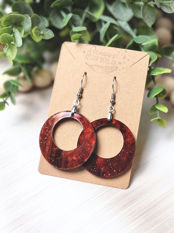 Copper Colored Circle Earrings for Her, Copper Swirled Acrylic Earrings for a Bold Statement Earring, Open Circle Earring Gift for Mom