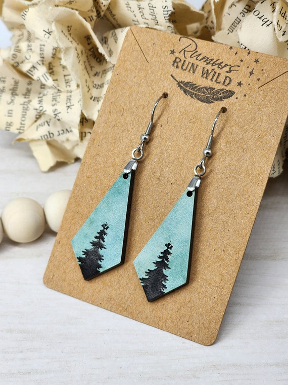 Rustic Tree Earrings, Faded Green Earrings with Engraved Trees, Long Dangle Earrings, Nature Themed, PNW Earrings, Boho Earrings, Forest