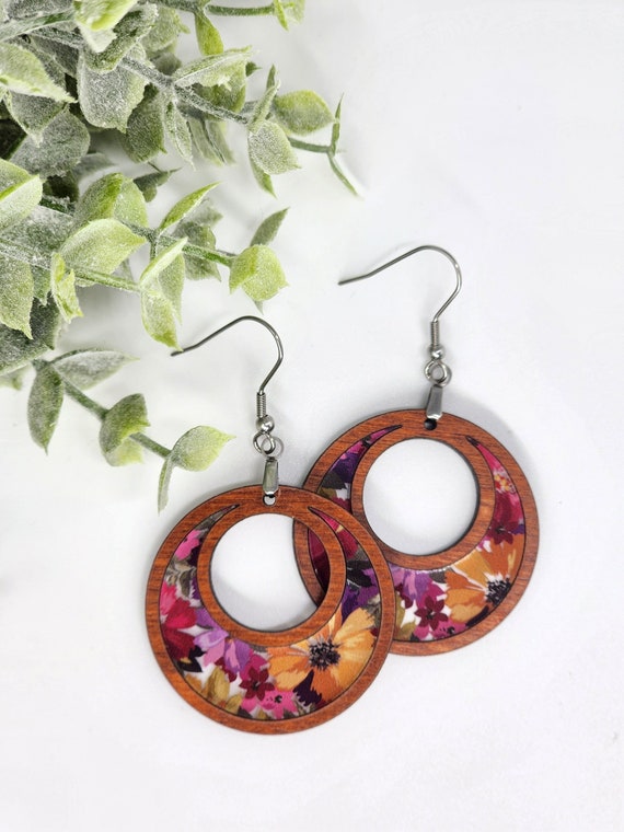 Colorful Wood Dangle Circle Earrings, Wooden Boho Earring Floral Lightweight, Gift for Mom, Birthday Gift for Girlfriend, For Best Friend