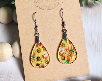 Pumpkin Sunflower Earrings, Fall Acrylic Earrings, Autumn Floral Dangles, Clearance Jewelry