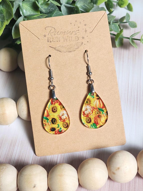 Pumpkin Sunflower Earrings, Fall Acrylic Earrings, Autumn Floral Dangles, Clearance Jewelry