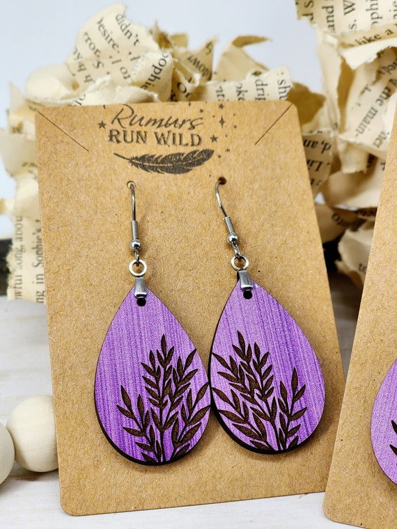 Purple Earring Dangle, Wooden Leaf Earring, Boho Wood Earring for Women, Plant Earring, Wood Dangle Earring for Her, Gift for Plant Lover