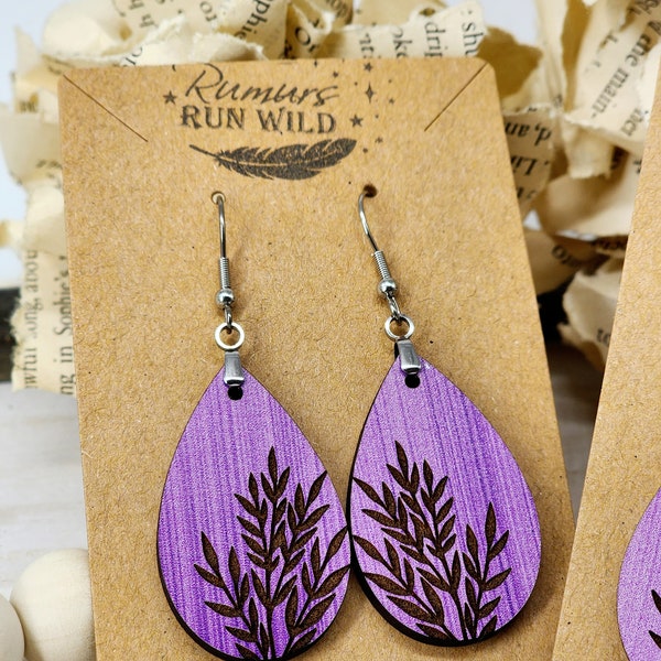 Purple Earring Dangle, Wooden Leaf Earring, Boho Wood Earring for Women, Plant Earring, Wood Dangle Earring for Her, Gift for Plant Lover