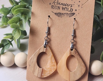 Soft Pink Wood Open Teardrop Earrings: Lightweight Boho Dangle Jewelry for Her, Statement Earrings