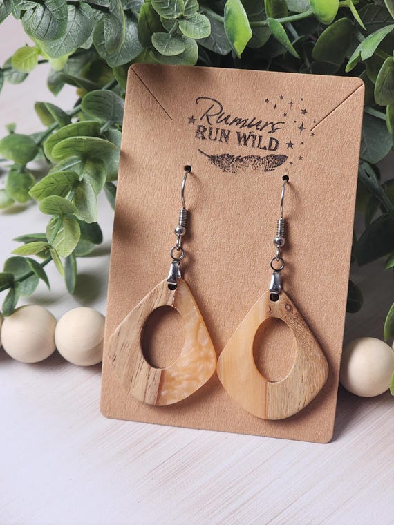 Soft Pink Wood Open Teardrop Earrings: Lightweight Boho Dangle Jewelry for Her, Statement Earrings