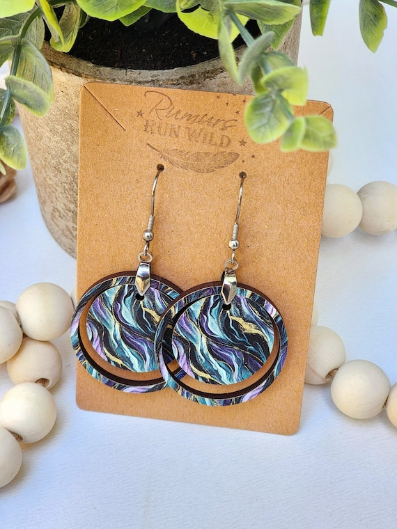 Unique Wood Dangle Earrings and Necklace Set, Lightweight Colorful Circle Earrings for Her, Handmade Gift for Friend, for Mom, Nickel Free